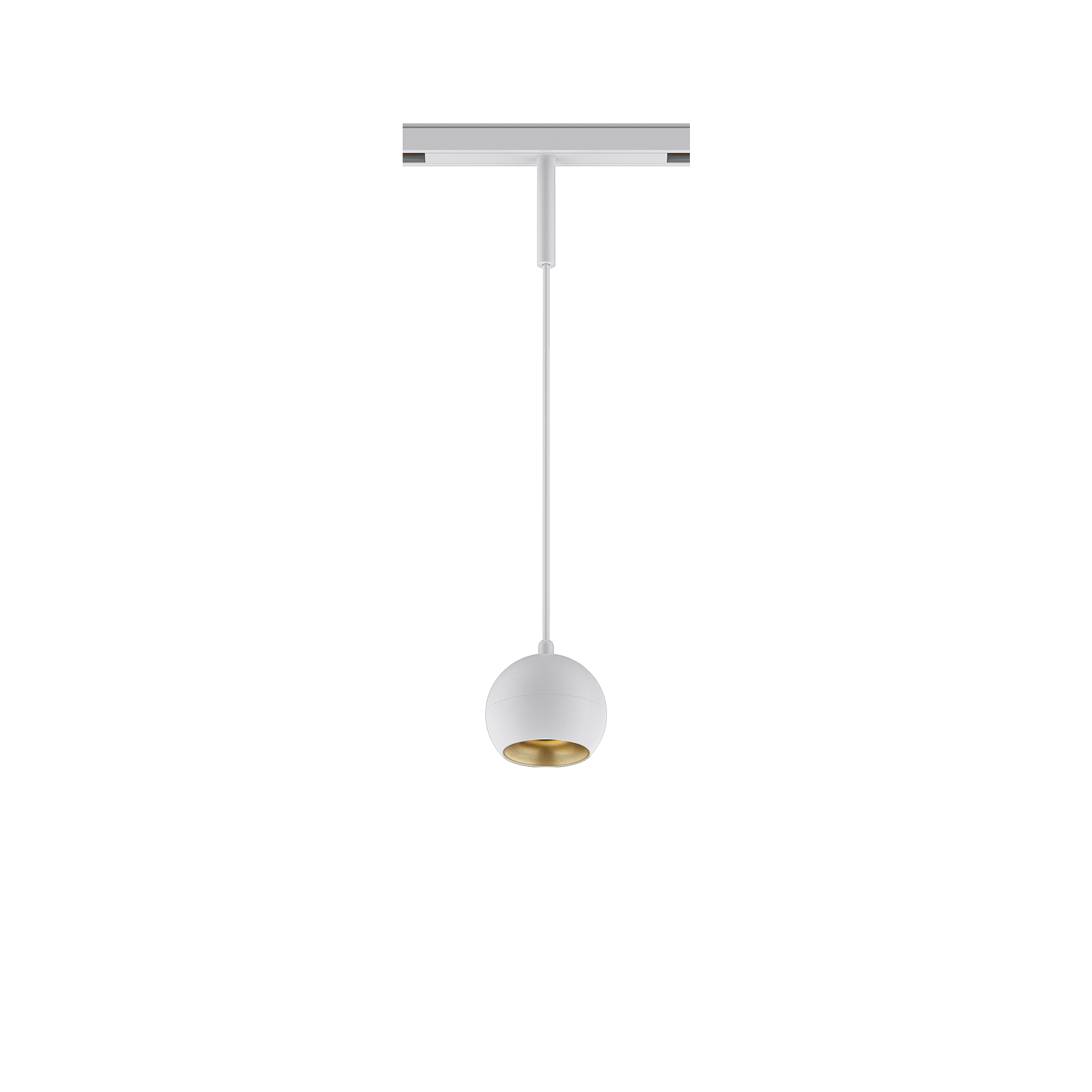 White version of the Dea Eros-Q1/Q2 S PE with golden reflector, a 48V suspended luminaire designed by Karizma Luce.