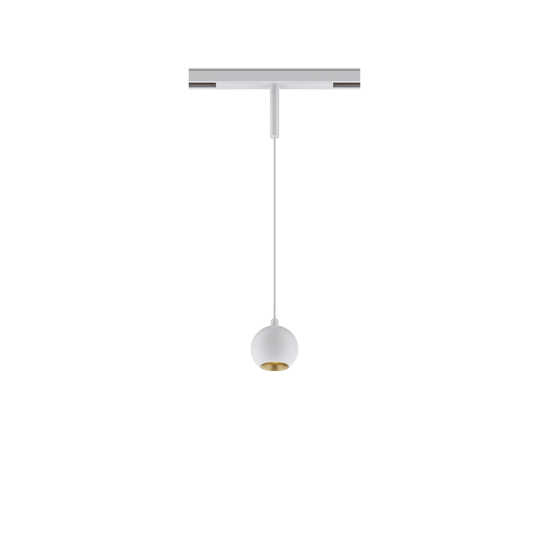 White version of the Dea Eros-Q1/Q2 XS PE with golden reflector, a 48V suspended luminaire designed by Karizma Luce.