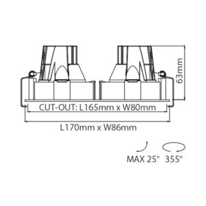 Technical drawing of the Dea Ceres S duo, an adjustable recessed luminaire, illustrating detailed dimensions and design specifications.