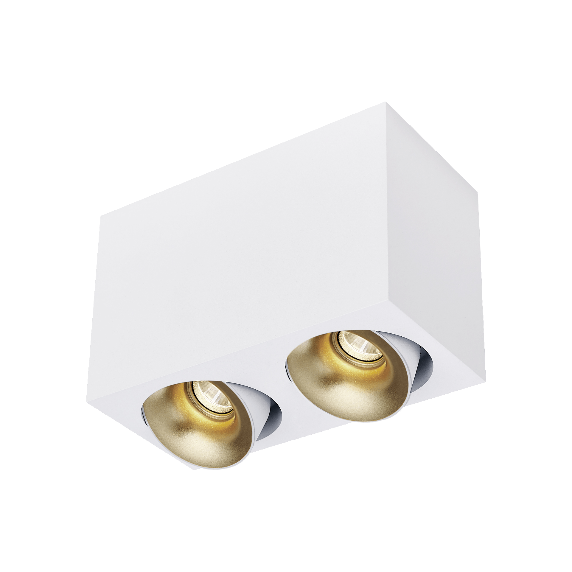 White version of the Dea Fauna S duo with golden reflector, a square surface-mounted luminaire designed by Karizma Luce.