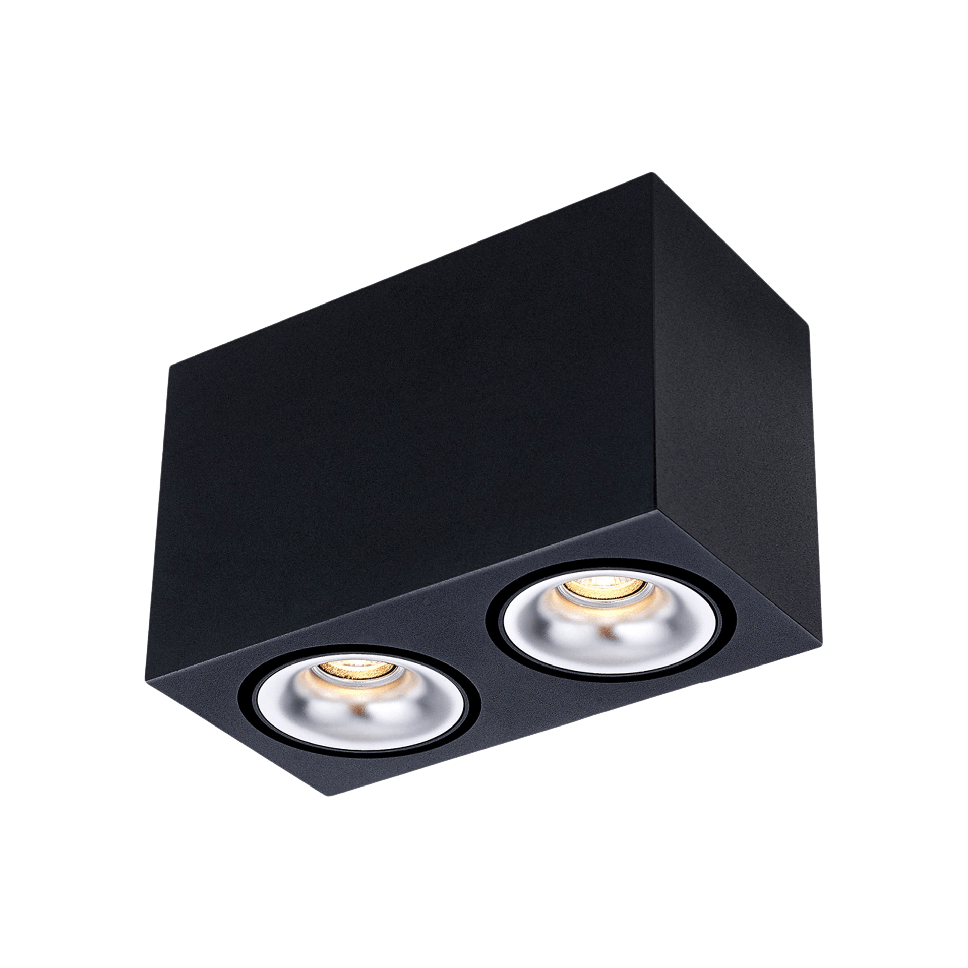 Black version of the Dea Fauna S duo with chrome reflector, a square surface-mounted luminaire designed by Karizma Luce.