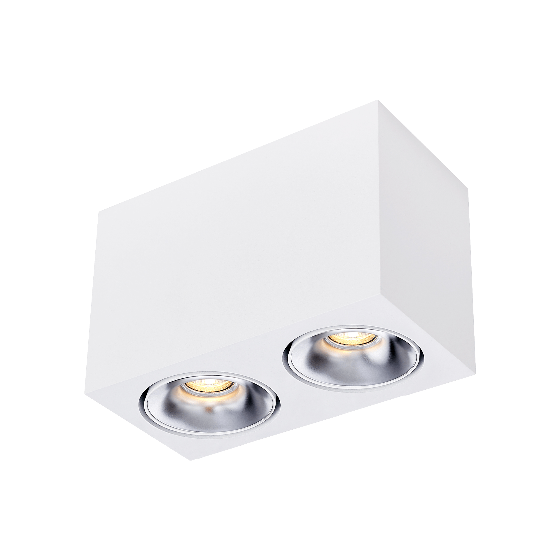 White version of the Dea Fauna S duo with silver reflector, a square surface-mounted luminaire designed by Karizma Luce.