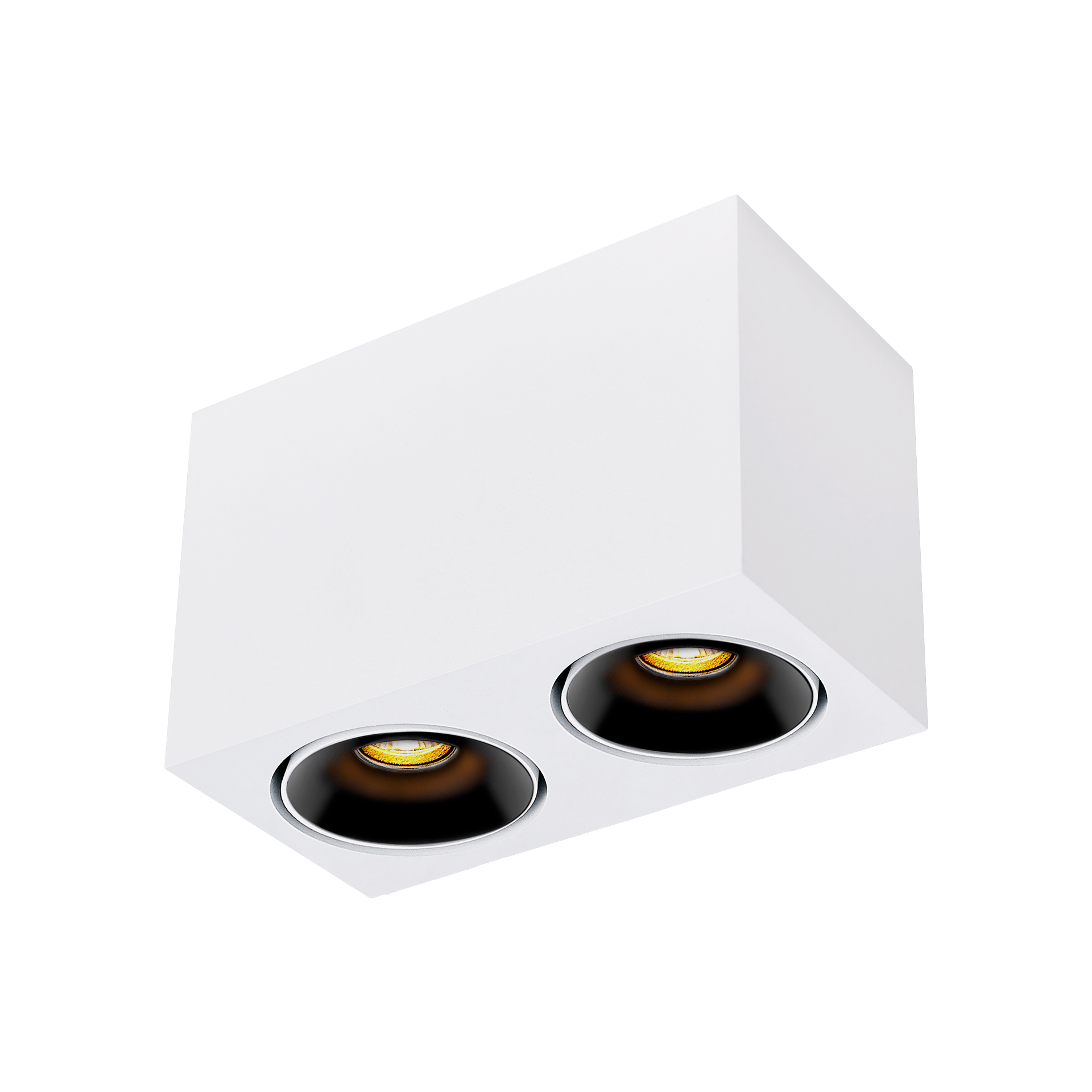 White version of the Dea Fauna S duo with black gloss reflector, a square surface-mounted luminaire designed by Karizma Luce.