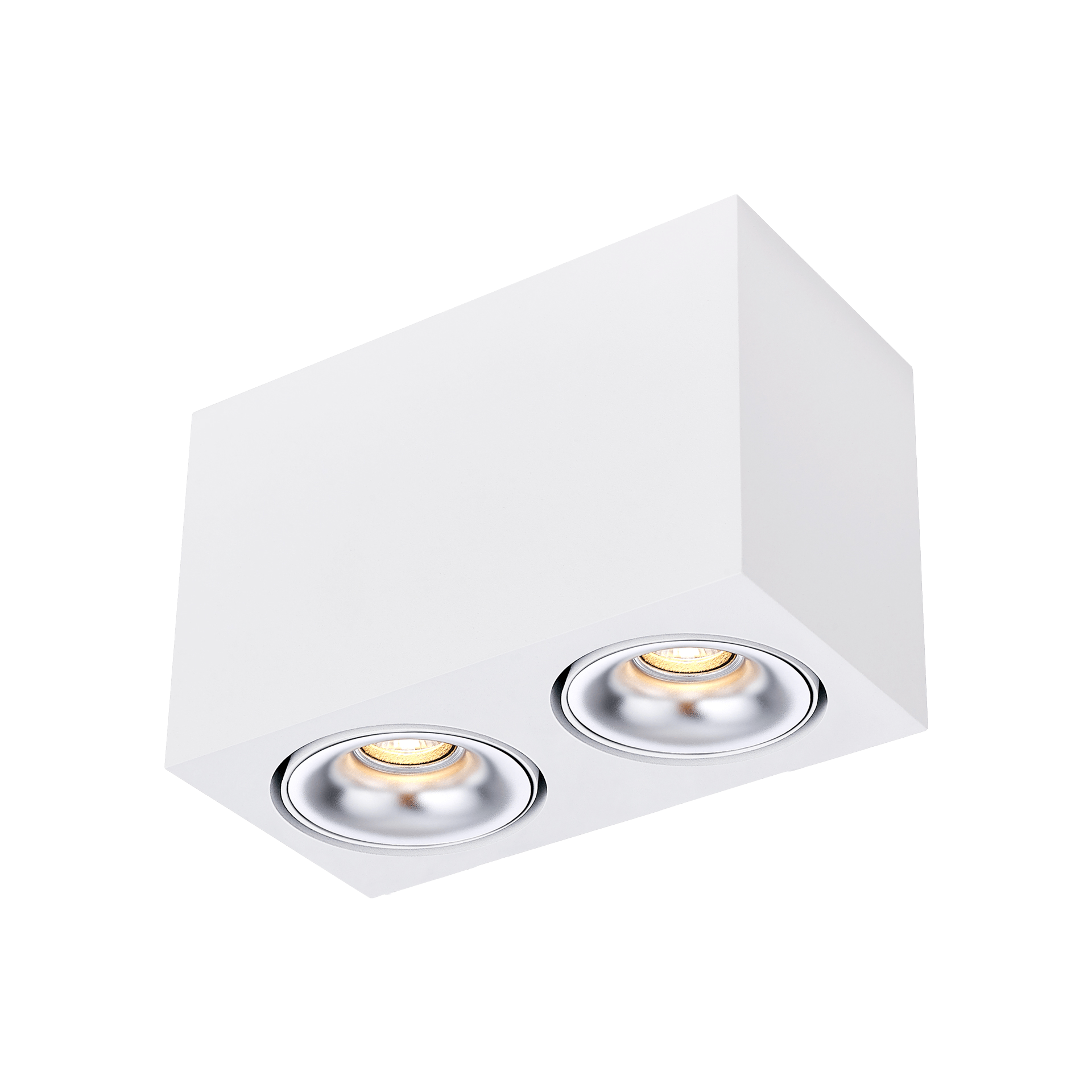 White version of the Dea Fauna S duo with chrome reflector, a square surface-mounted luminaire designed by Karizma Luce.