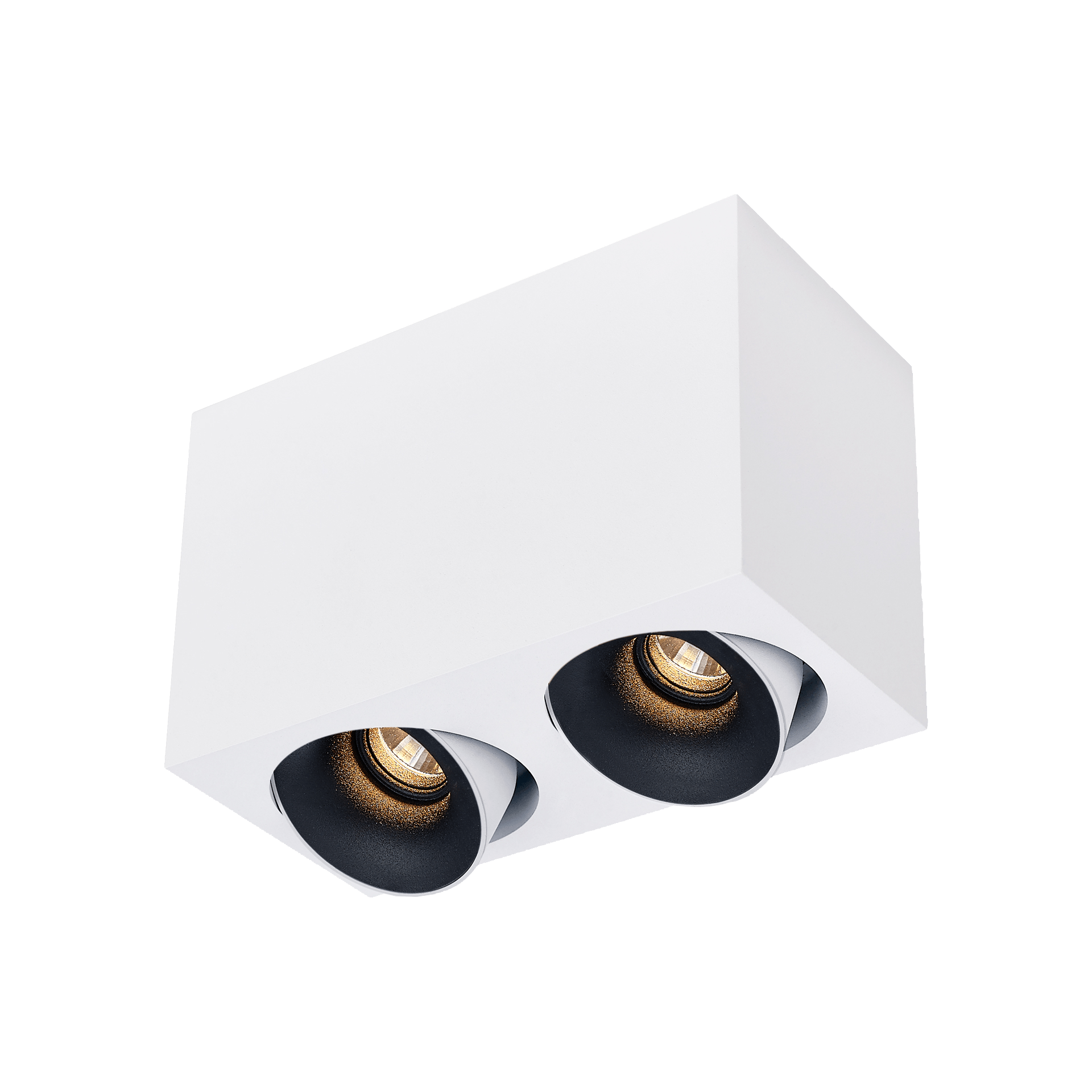 White version of the Dea Fauna S duo with black matt reflector, a square surface-mounted luminaire designed by Karizma Luce.