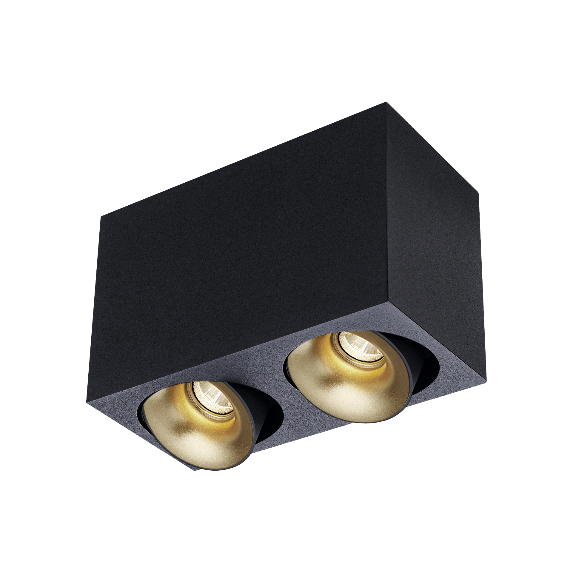 Black version of the Dea Fauna S duo with golden reflector, a square surface-mounted luminaire designed by Karizma Luce.