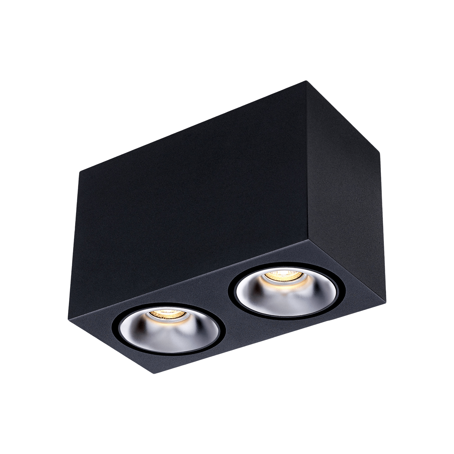 Black version of the Dea Fauna S duo with silver reflector, a square surface-mounted luminaire designed by Karizma Luce.