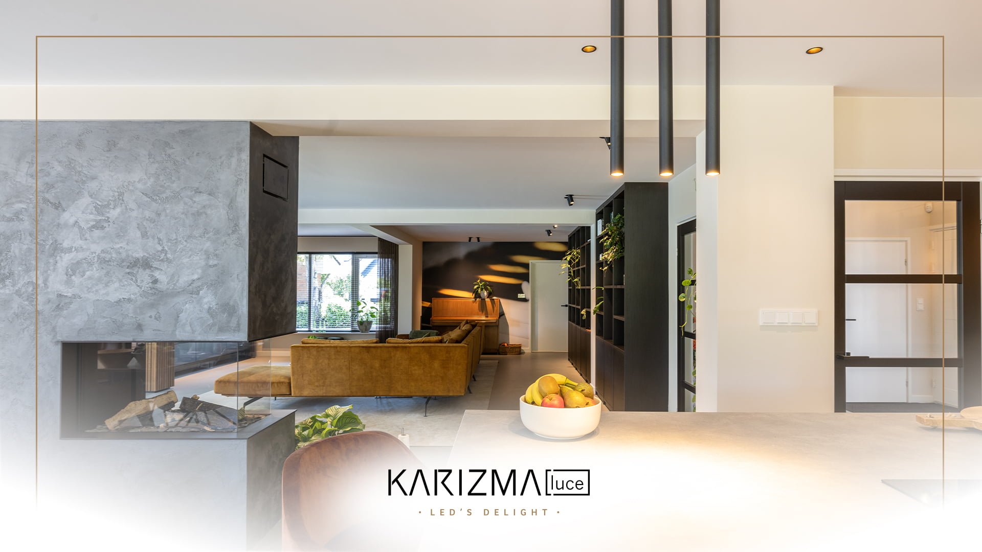 Open kitchen of modern home with matching lighting. Perla, Amata, Fontana.